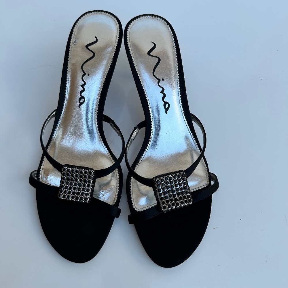 Nina Black Luster Satin Genuine Leather Sole Size 9M USA